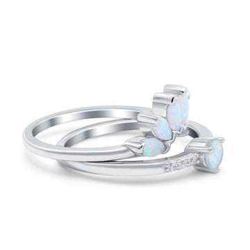 Two Piece Bridal Art Deco Wedding Ring Round Lab Created White Opal 925 Sterling Silver
